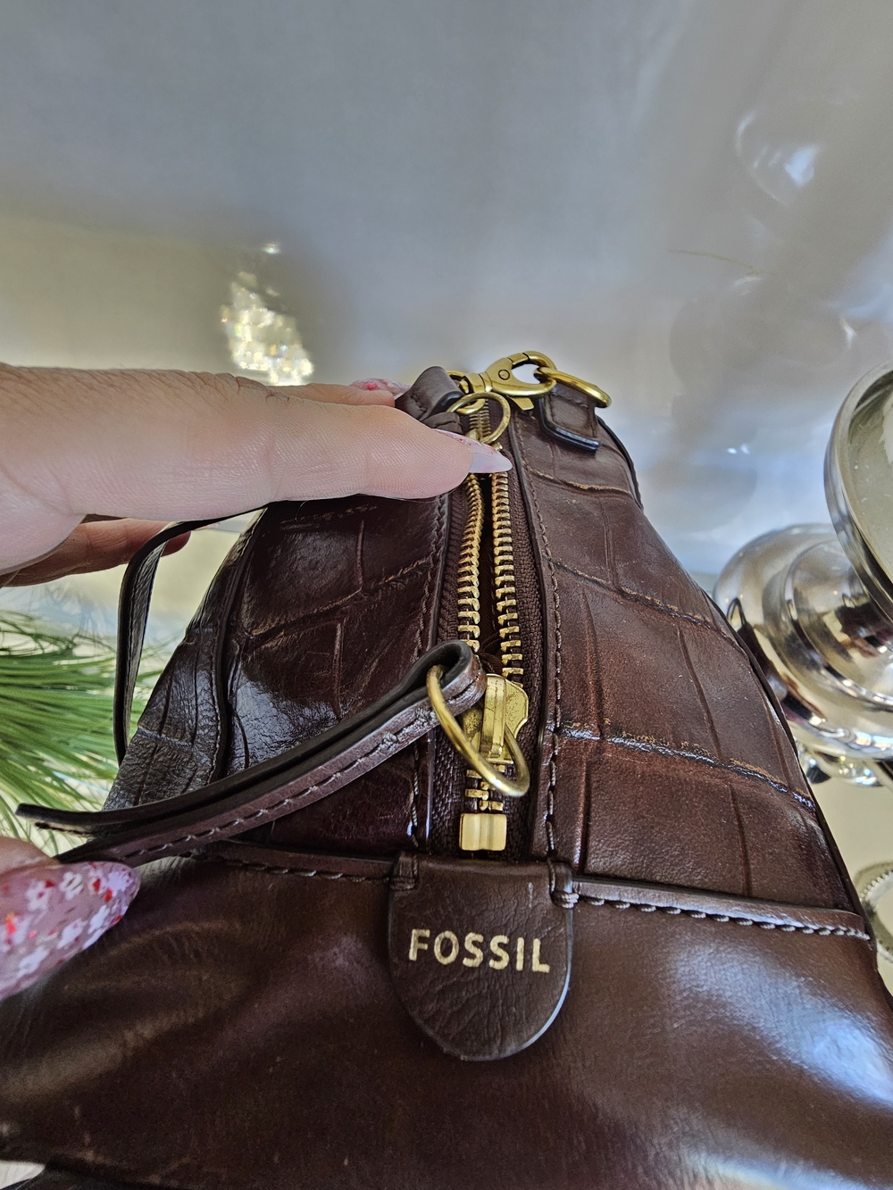 Fossil Sydney  Dark Brown Croc-Embossed Leather Satchel - Picture 8 of 12